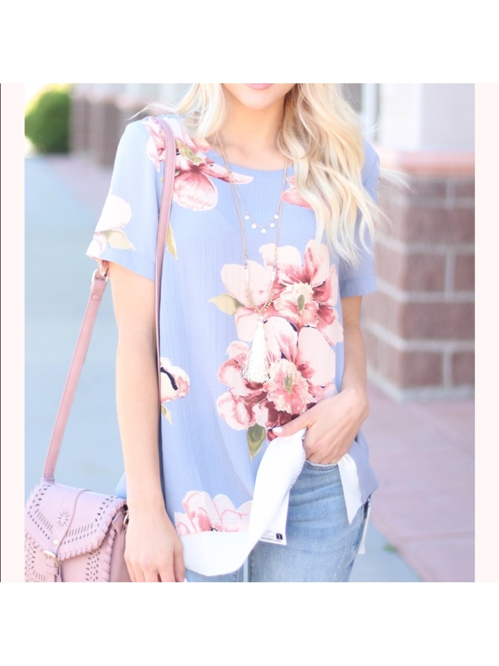 Floral Print Scoop Neck Short Sleeve Top - Light Blue